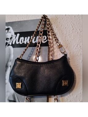 MCM Black Leather Coin Pouch with Gold Chain & Hardware, EUC